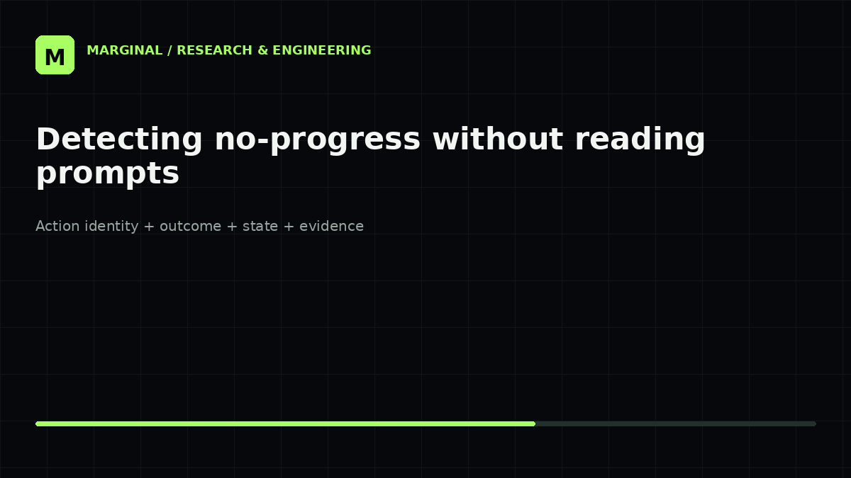 Action identity, outcomes, workspace state and evidence used to distinguish repeated activity from no-progress